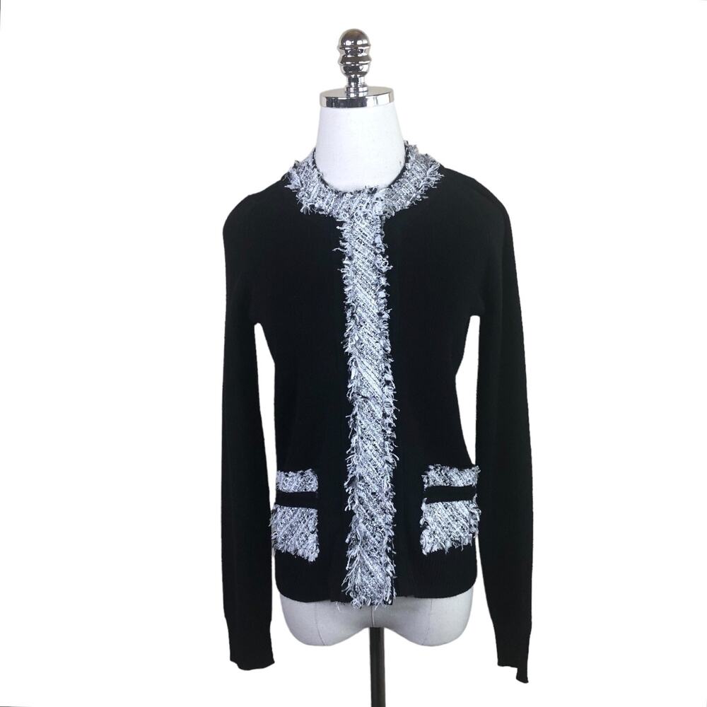 Peter Som Cardigan Sweater Black Wool Boucle Gray White Tweed Trim